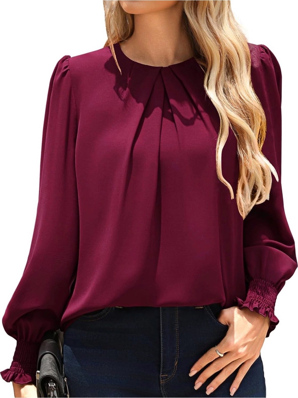 Womens Pleated Round-Neck Long-Sleeve Blouse - Burgundy